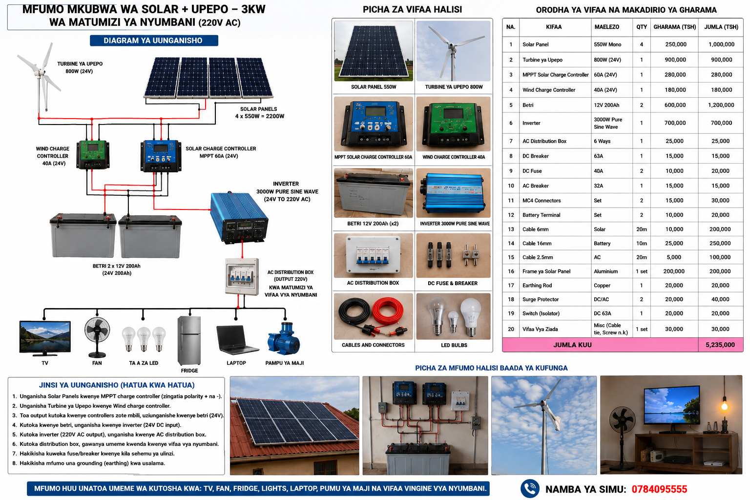 MFUMO MKUBWA WA SOLAR + UPEPO - 3KW WA MATUMIZI YA NYUMBANI {220V AC}